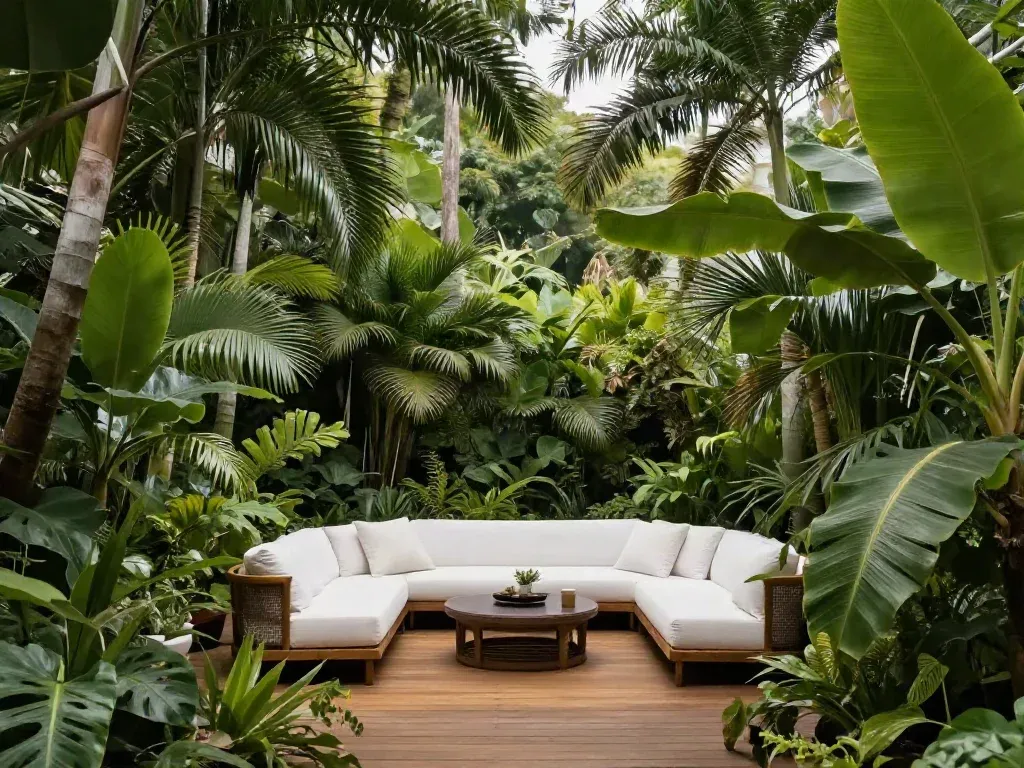Jardim denso com lounge ao ar livre e sofá branco sobre deck de madeira