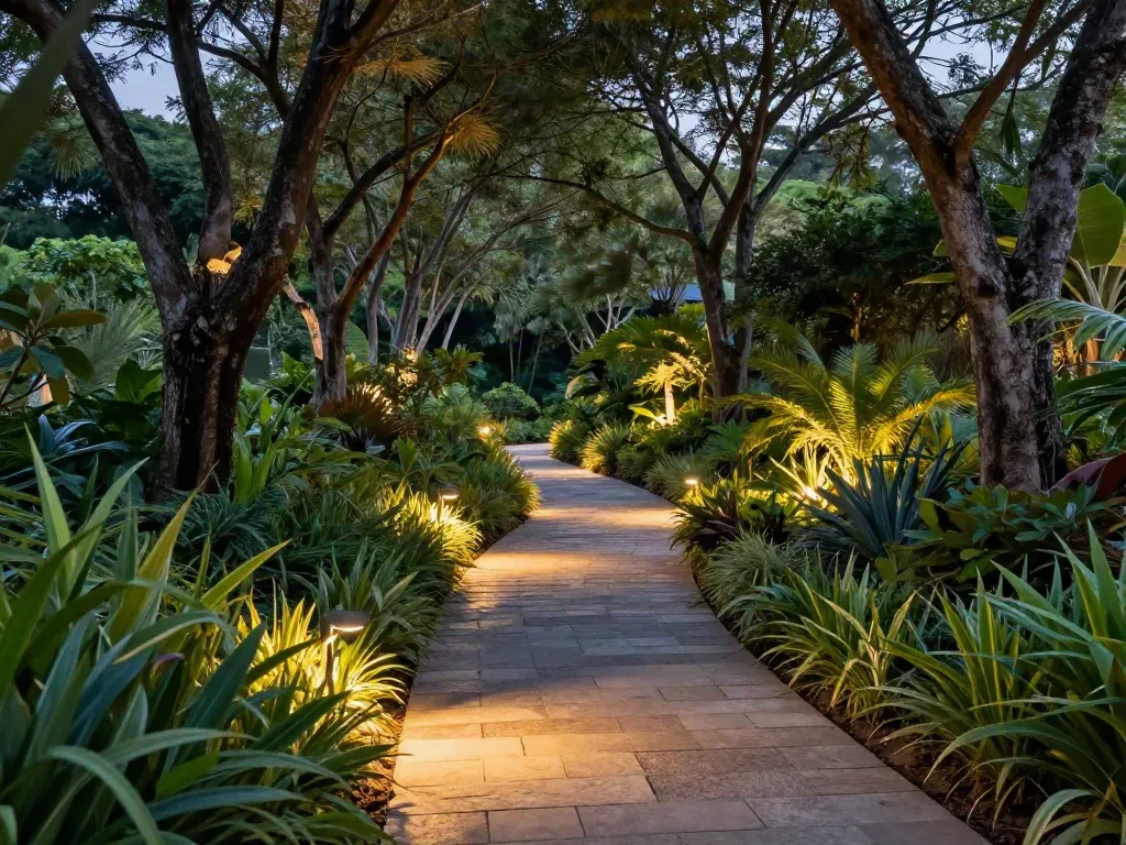 Caminho de jardim iluminado ao entardecer entre árvores maduras