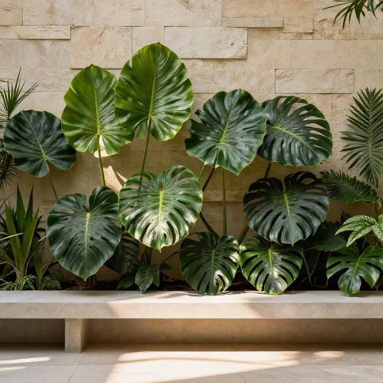 Plantas tropicais exuberantes diante de um muro de pedra clara no escritório da Raízes