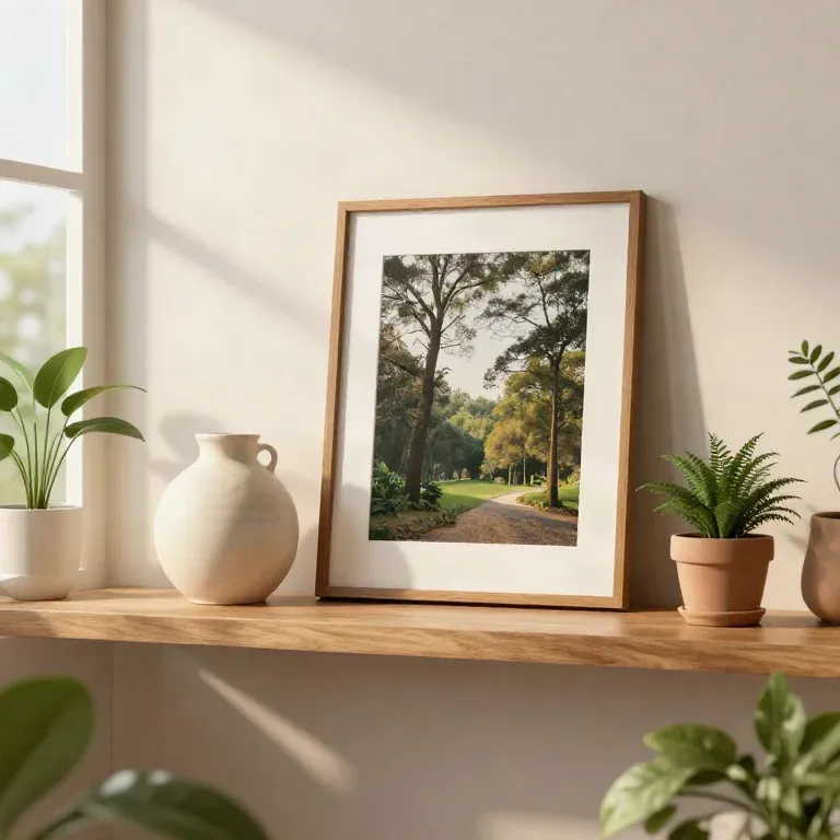 Estante com vaso cerâmico e quadro de paisagem no escritório da Raízes